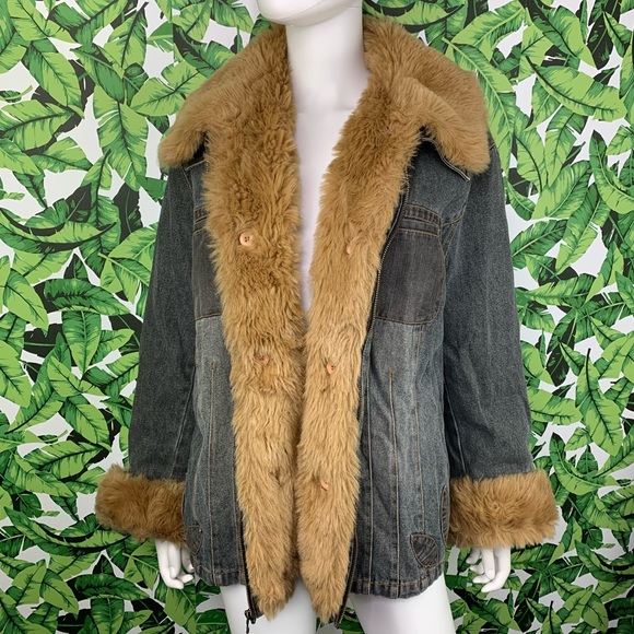 Y2K Faded Glory Coat 2X Denim & Faux Fur Penny Lane 2000s Bratz Style Afghan - Picture 1 of 11